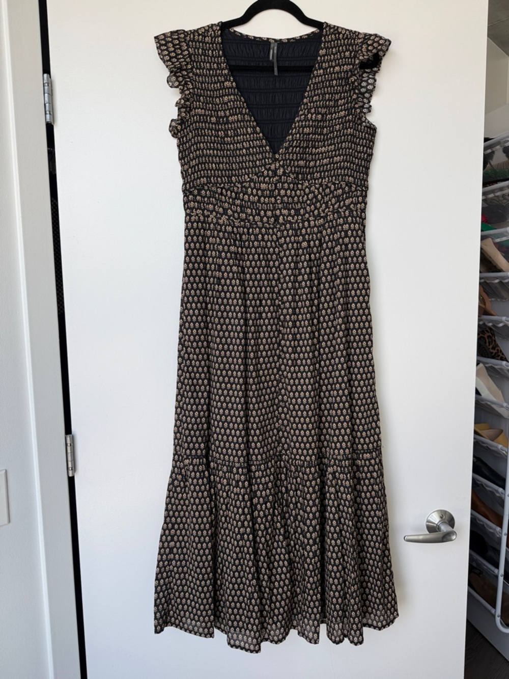 Anthropologie Black & Beige V-Neck Midi Dress